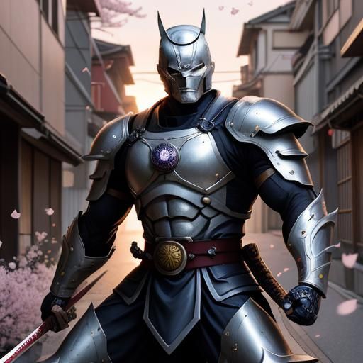 Silver Samurai in Manga Style Armor at Sunset