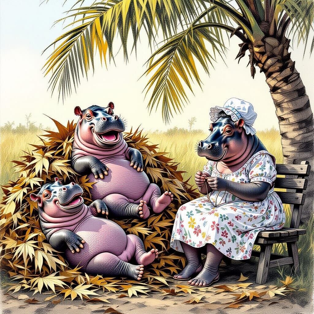 Baby Hippos Laughing in Palm Leaves, Charcoal Drawing Style
