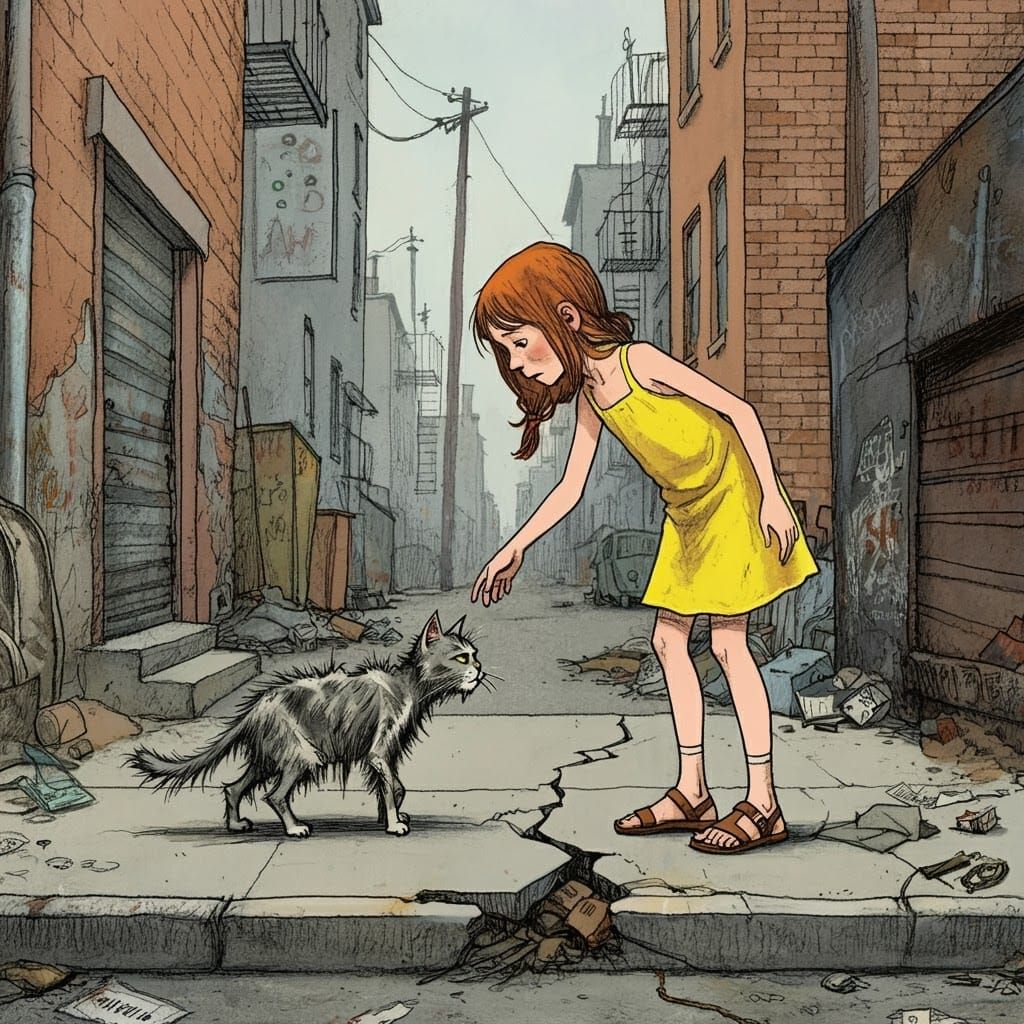Girl Meets Stray Cat: Expressive Black and White Illustratio...