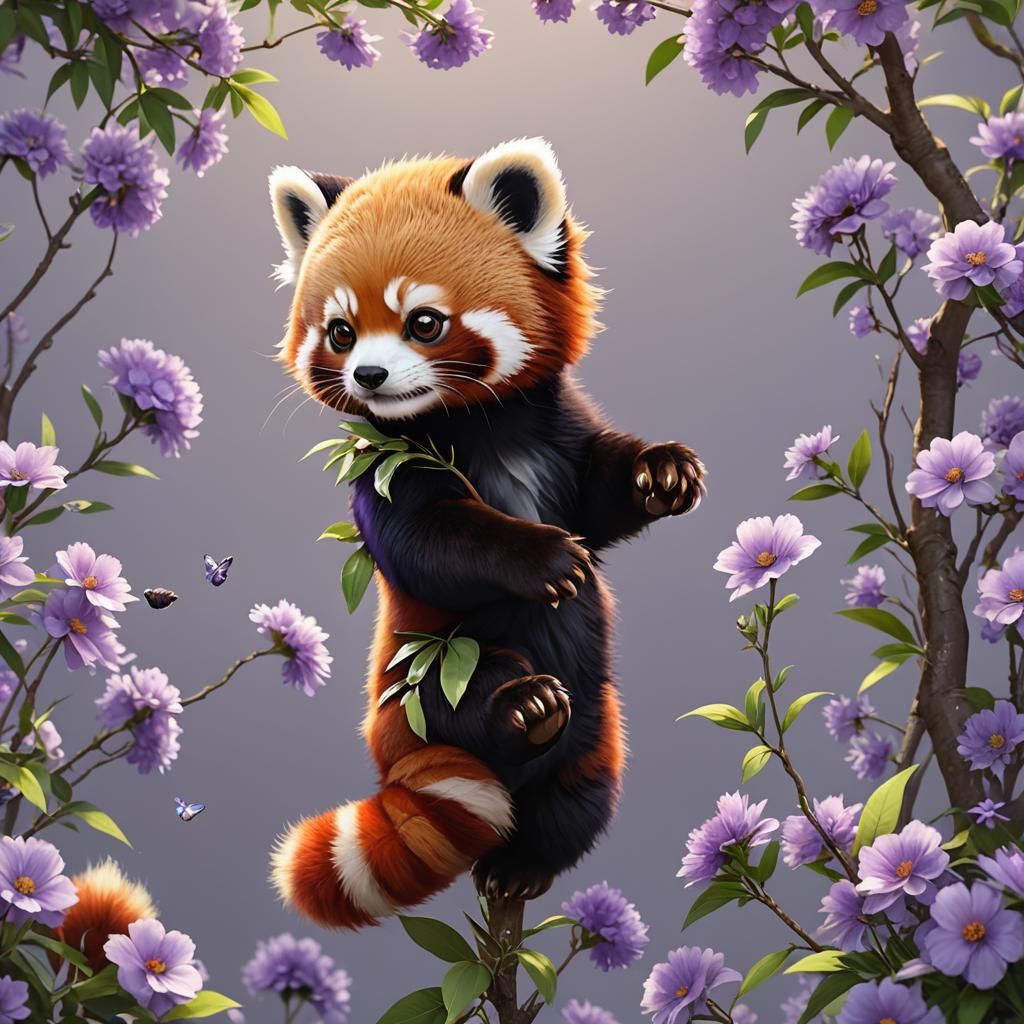 Cute Red Panda with Purple Flower in Anime Style