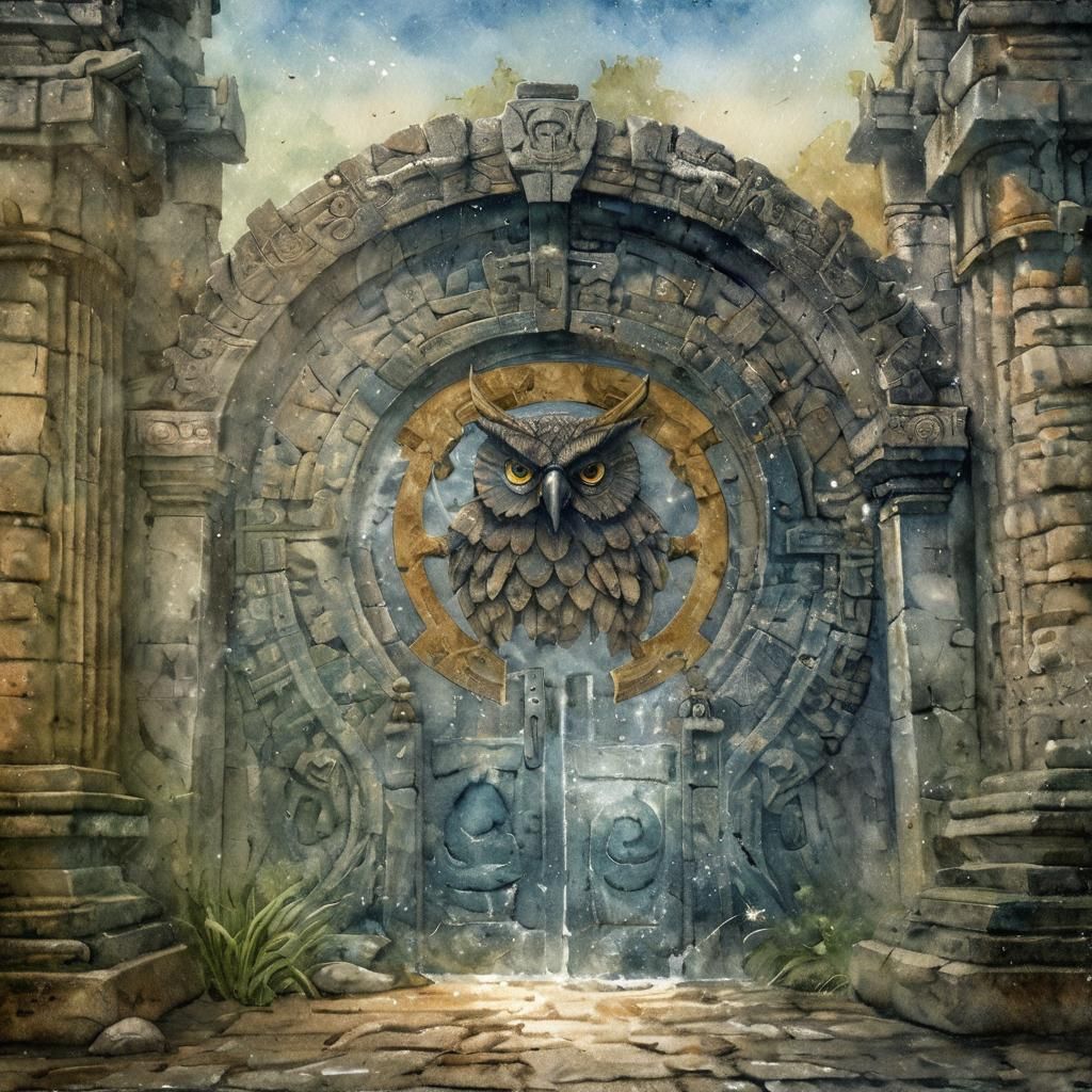 Ancient Temple Gate with Osprey Logo in Watercolour