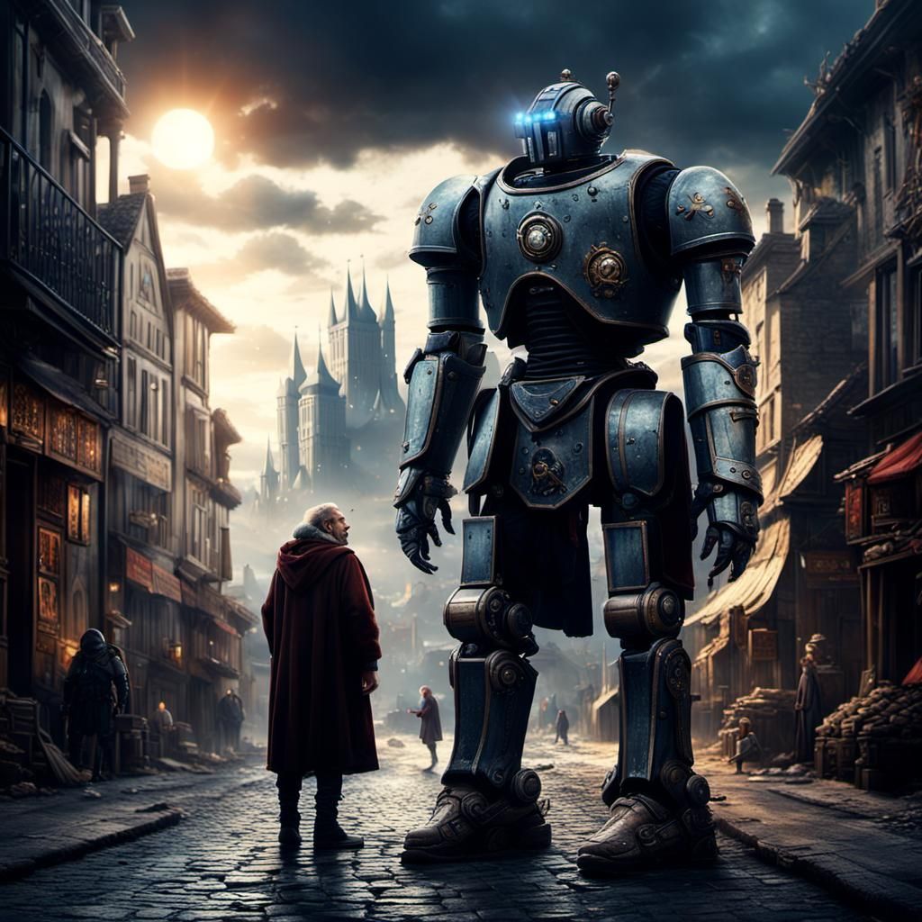 Medieval Man and Robot on Street: Digital Matte Painting