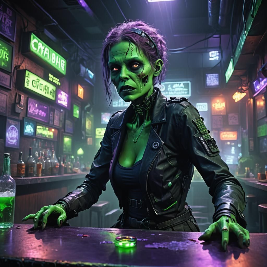Cybernetic Zombie Woman at Dimly Lit Bar