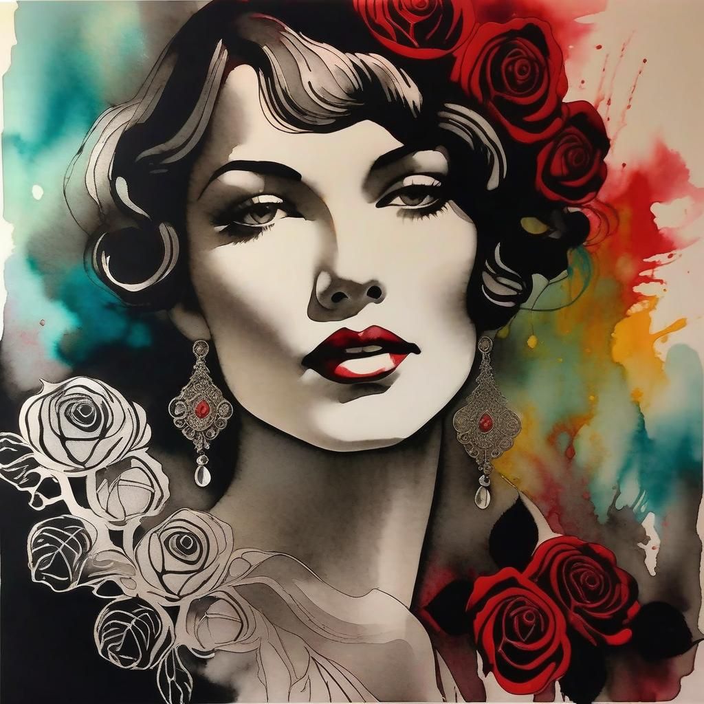 Elegant 1920s Woman with Watercolor Roses