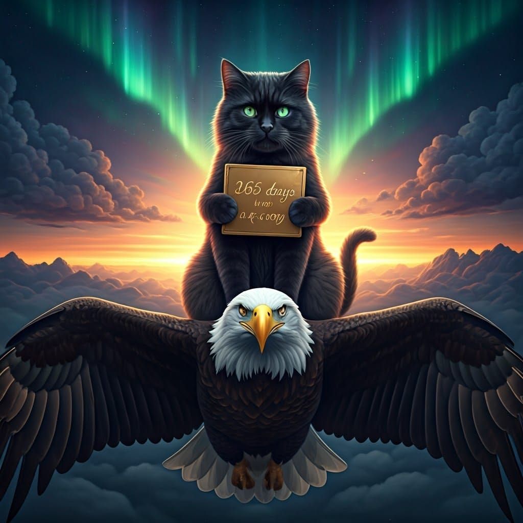 Regal Black Cat Rides Bald Eagle through Celestial Aurora