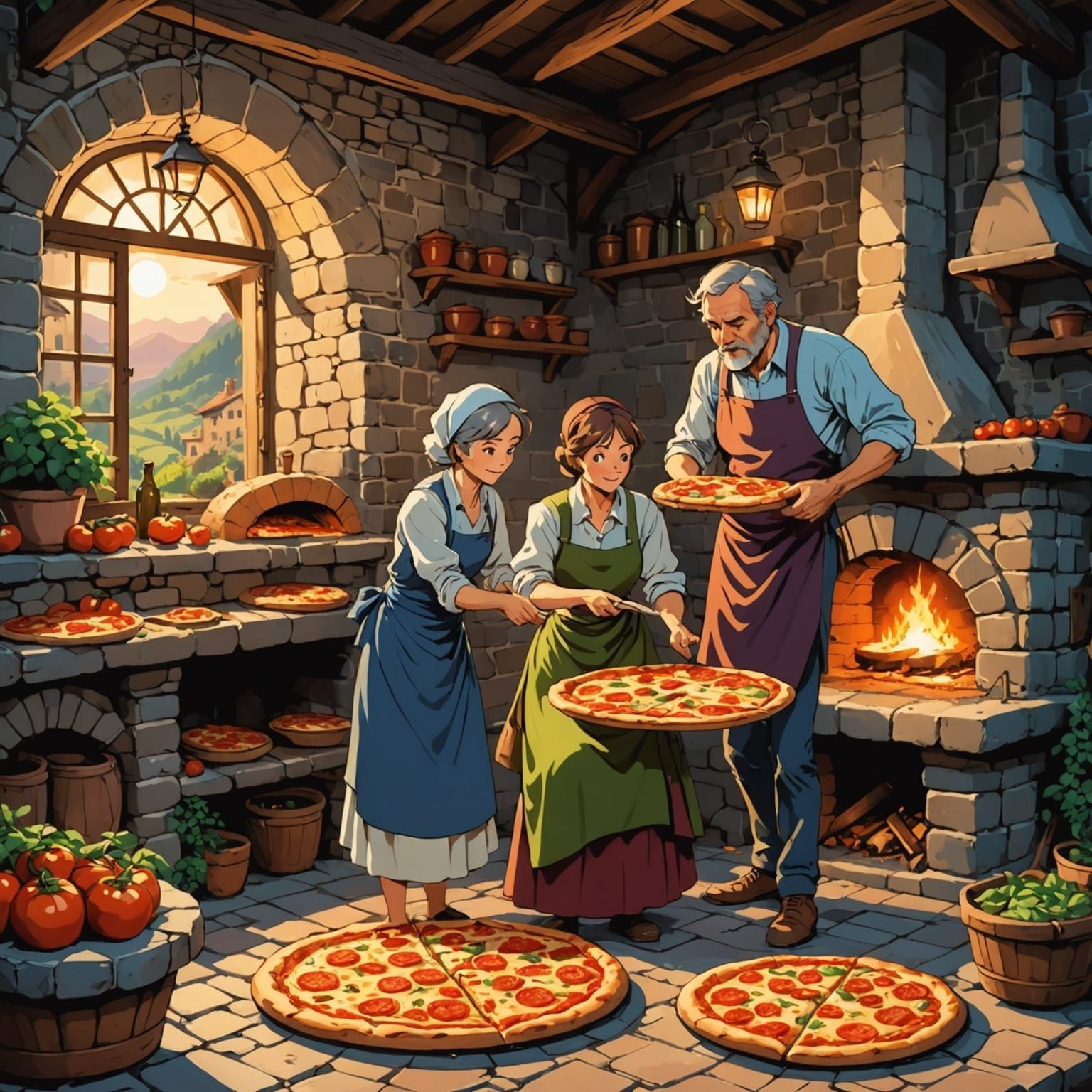 Romantic Italian Pizza Baking in Anime Style