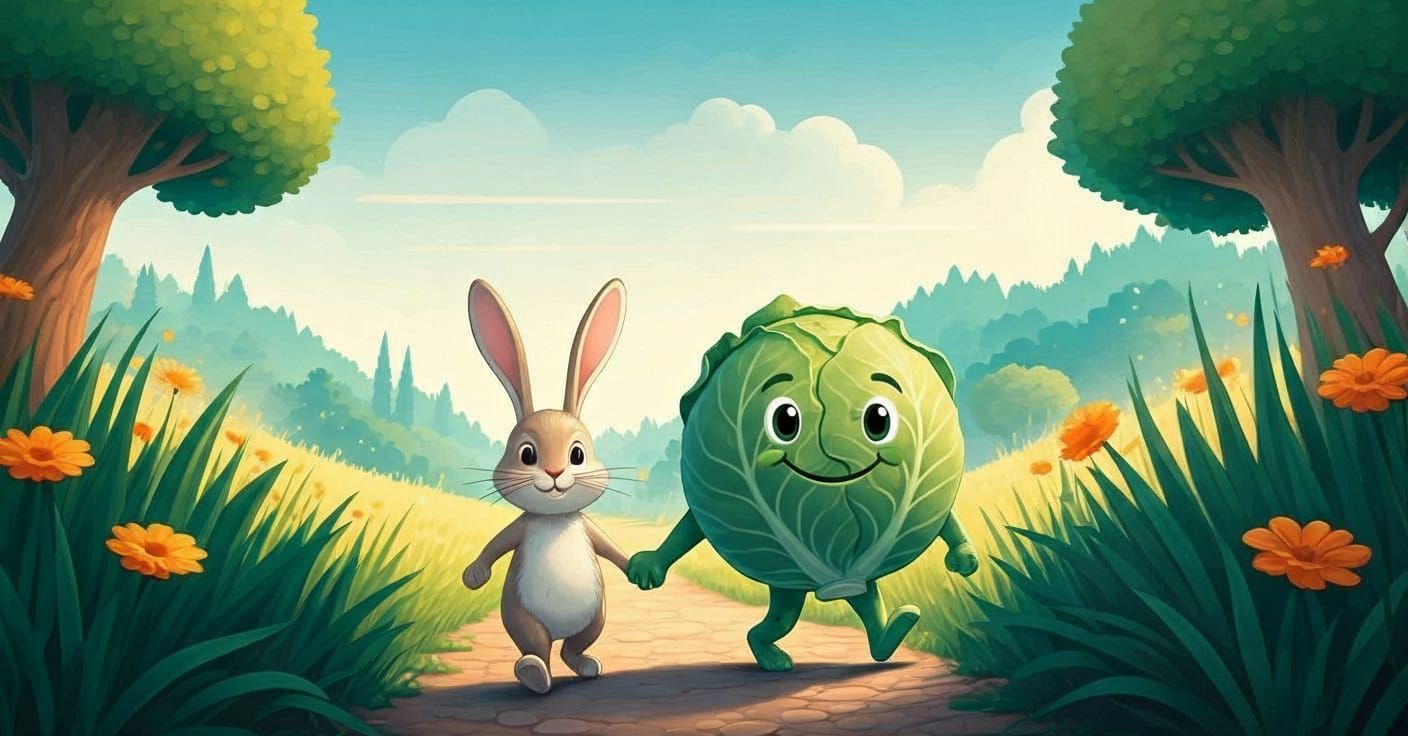 Whimsical Rabbit and Cabbage Friend on Garden Path