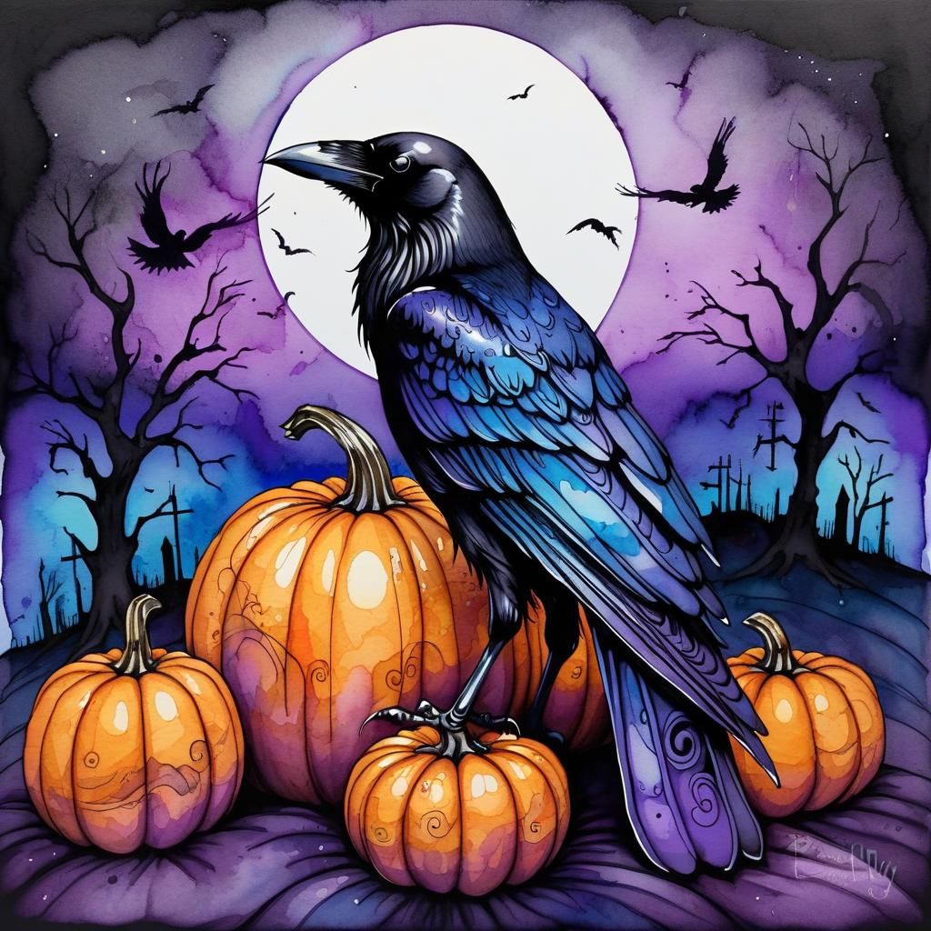 Mysterious Crow on Pumpkin in Alcohol-Ink Style