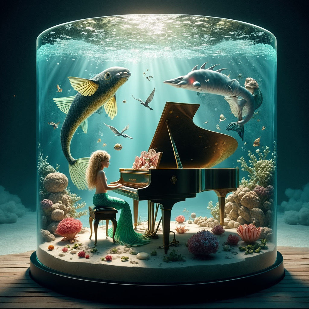Mermaid Plays Piano in Caribbean Underwater World