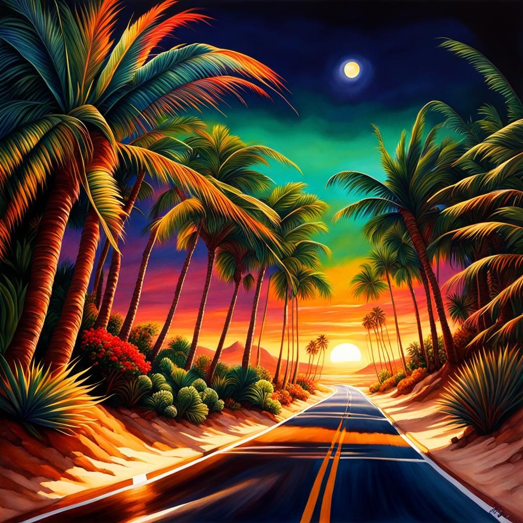 Tropical Oasis on a Desert Highway: Watercolor Art