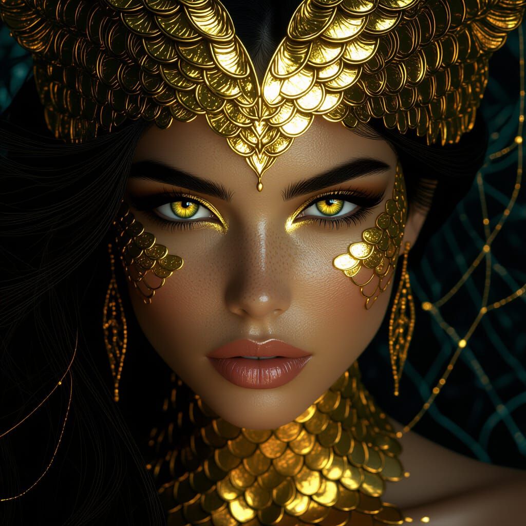Golden Siren Face with Intricate Scales