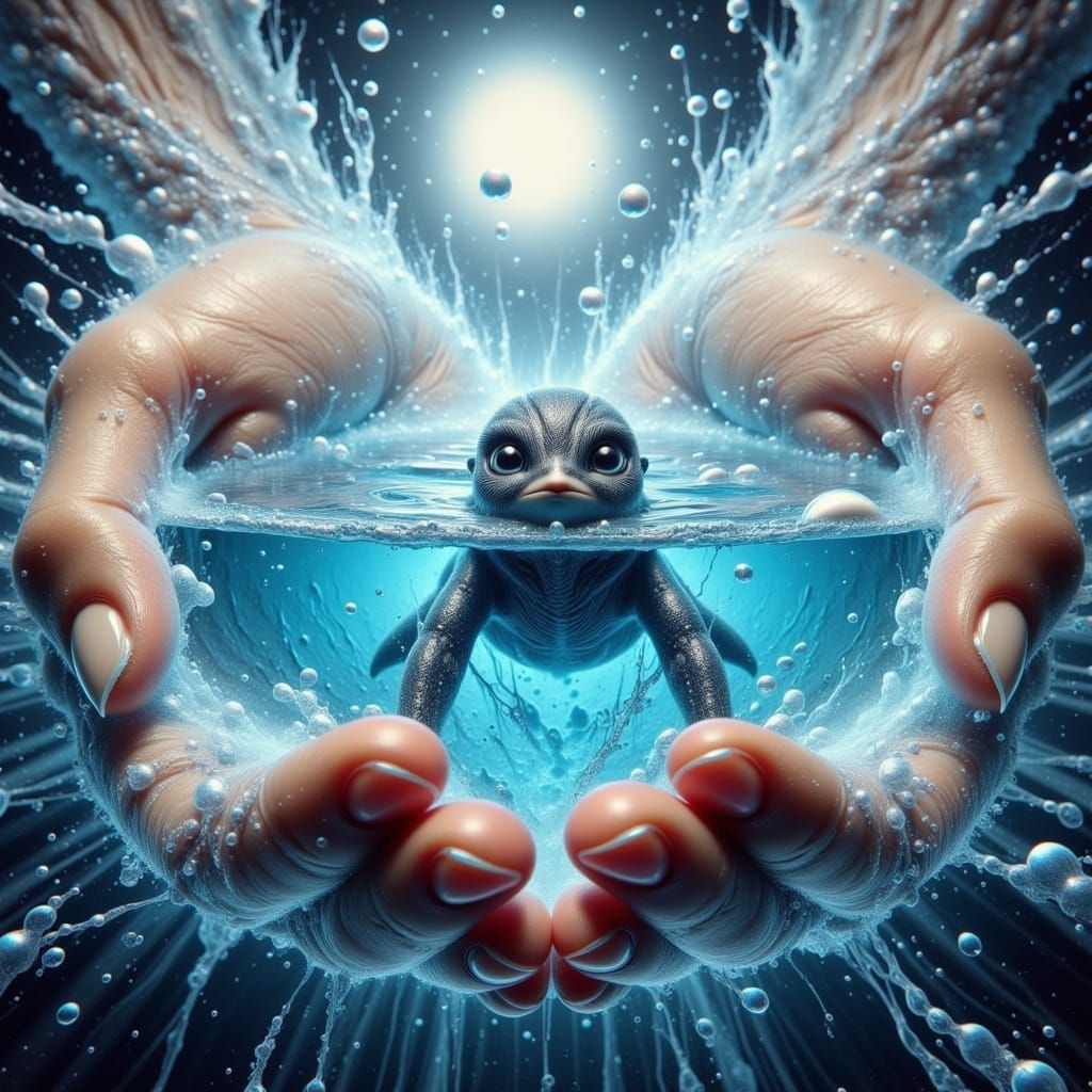 Ethereal Hands Cradle a Miniature Ocean in a Dreamlike Scene