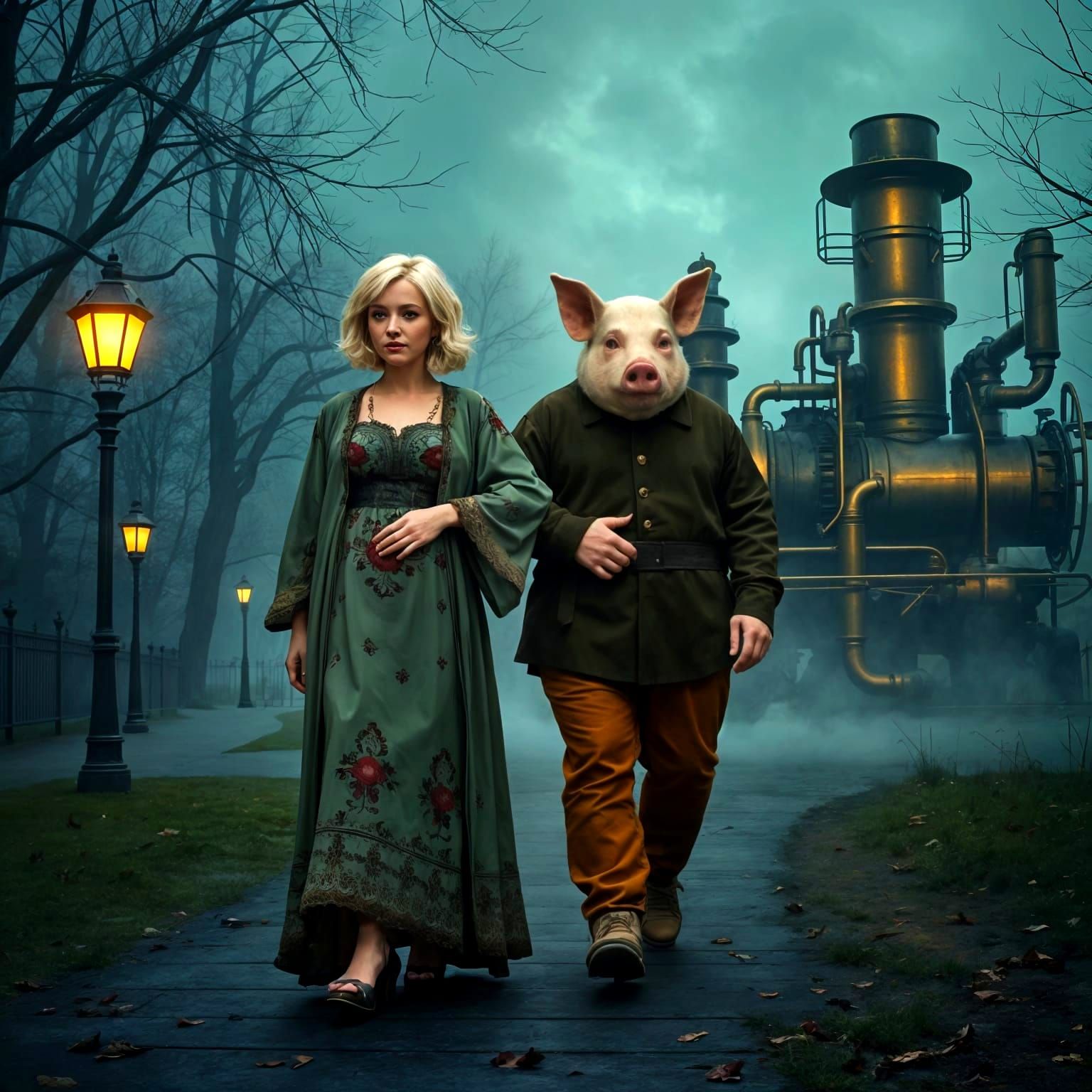 Glamorous Couple Strolls Through Steampunk Park in Spring Ev...
