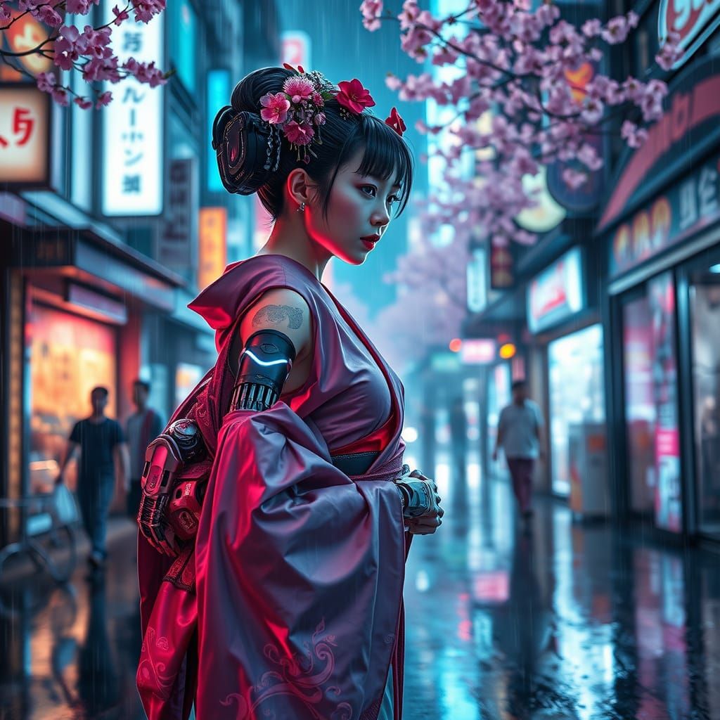 Cyberpunk Geisha in Rainy Tokyo Street
