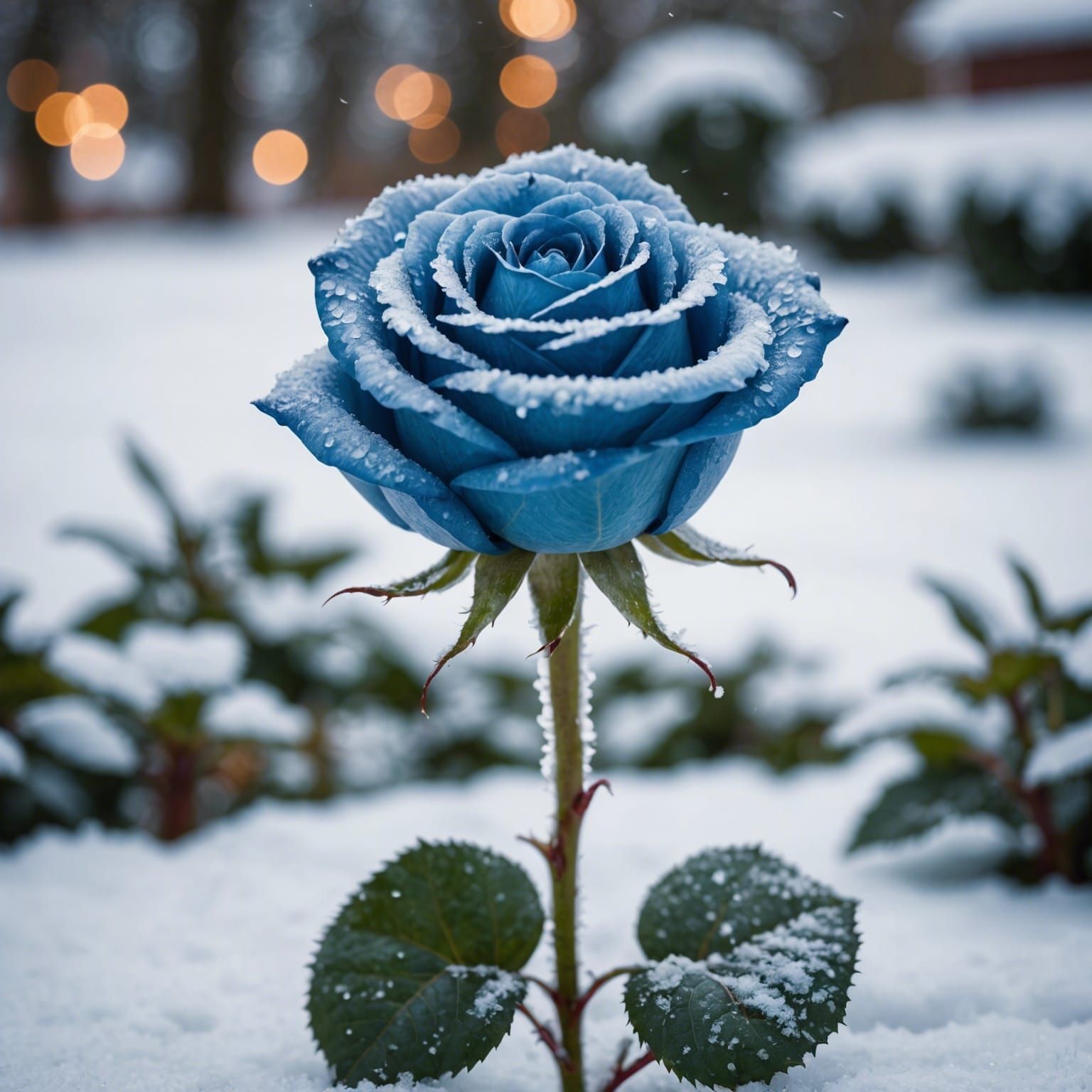 Iced Blue Rose in Snowy Landscape