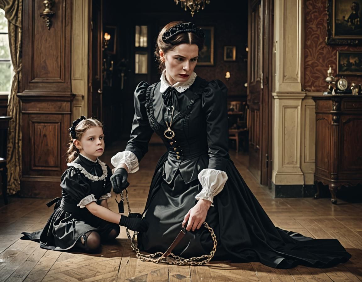 Victorian Mistress with Maid on Leash: Cinematic Still