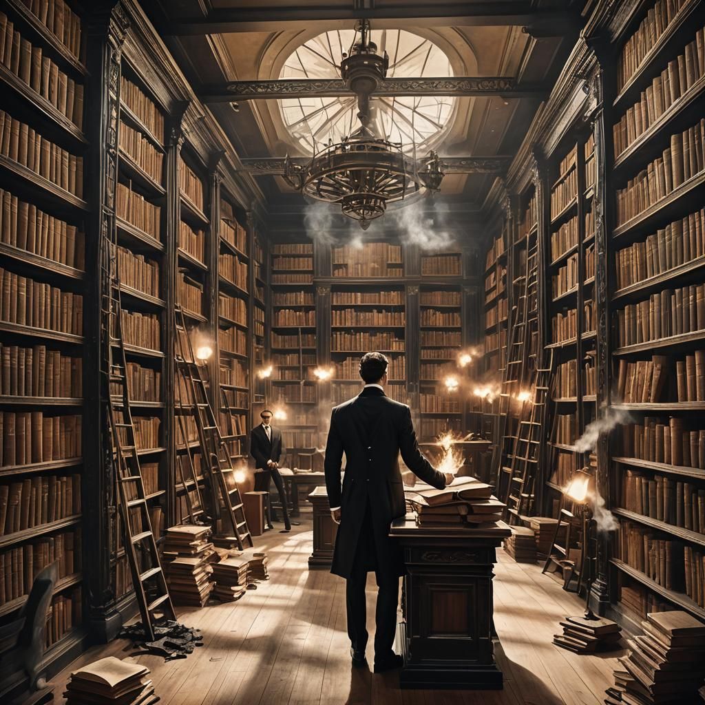 Steampunk Library with Floating Antique Book