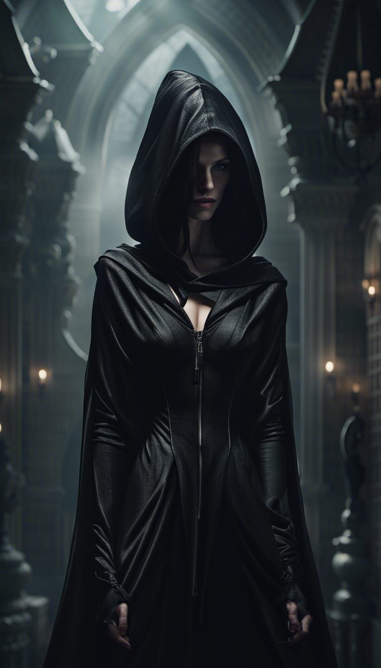 Woman in Black Hooded Outfit, High Fantasy