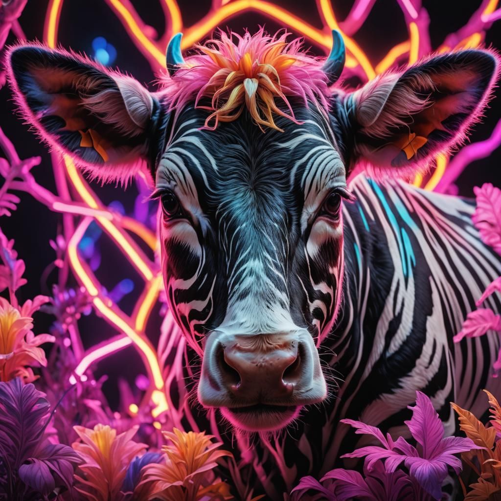 Surreal Photorealistic Cow-Zebra Portrait in Neon Colors