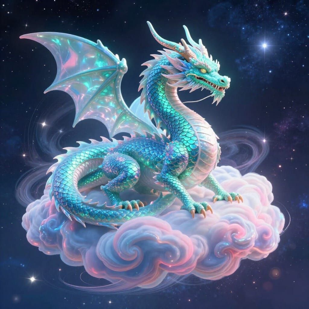 Peppermint Dragon on Iridescent Cloud in Astral Style