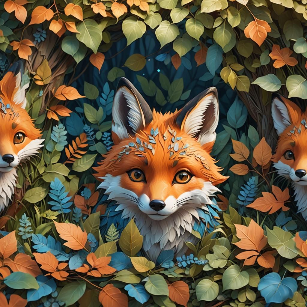 Cartoon Fox Buried in Leaves: Matte Painting