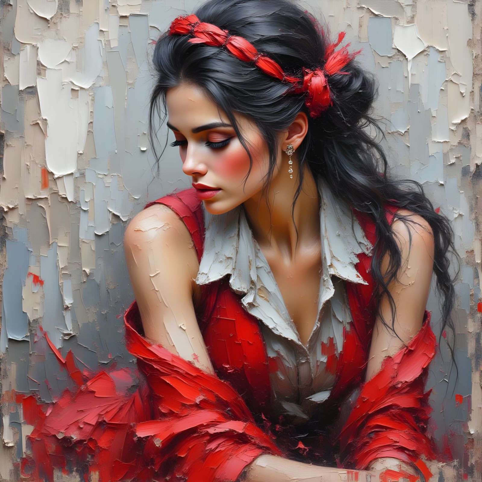 Impasto Oil Painting of a Ravishing Lady in Scarlet