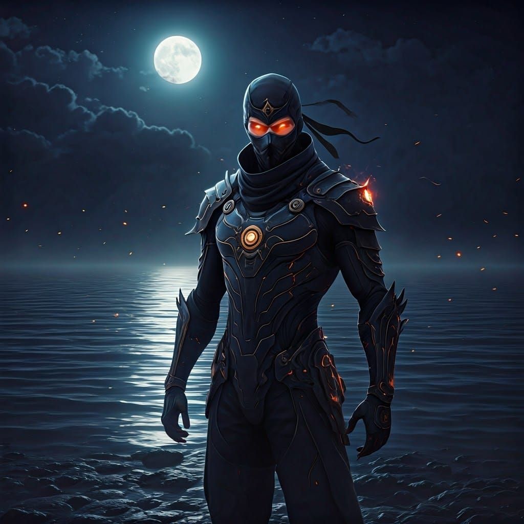 Lone Shinobi in Misty Moonlight: Digital Art