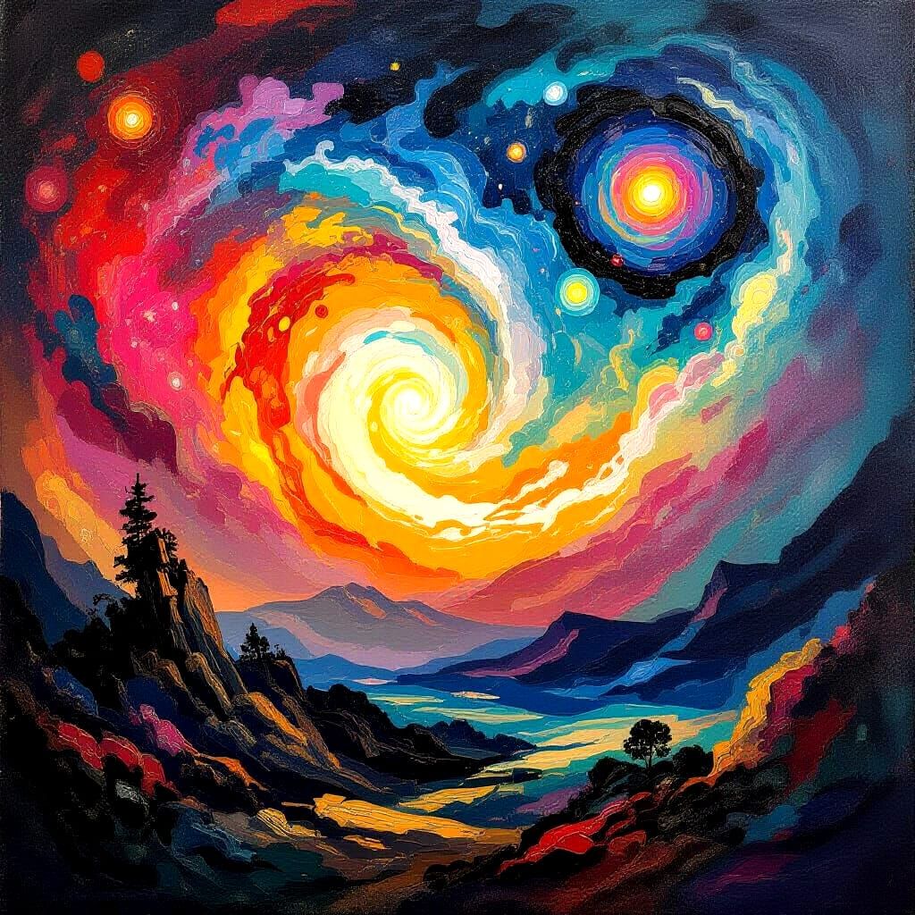 Abstract Expressionist Cosmic Landscape with Nebulas