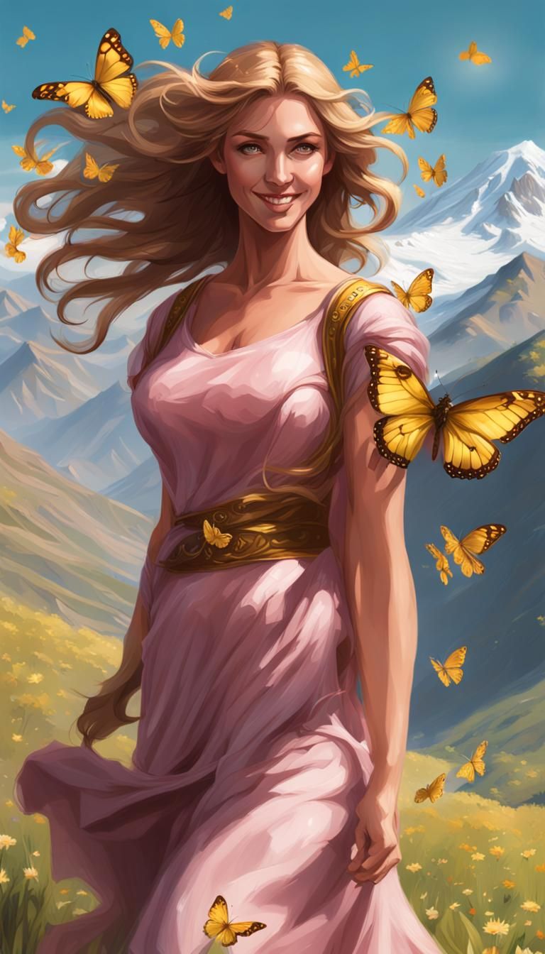 Aphrodite in Meadow with Coffee, Hyperrealistic Portrait