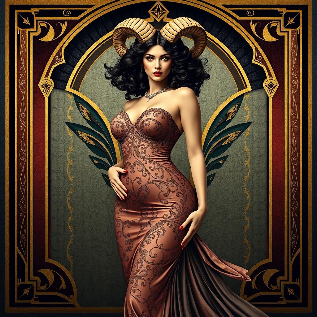 a female with an hourglass figure, curved ram horns, wild hair, yellow eyes, detailed and designed, colorful art deco