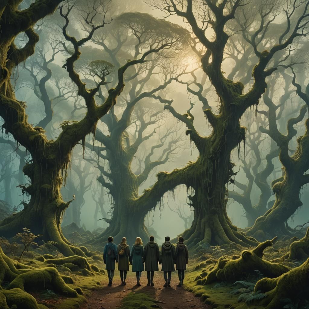 Surreal Forest Walk: A Matte Painting in Beksiński Style