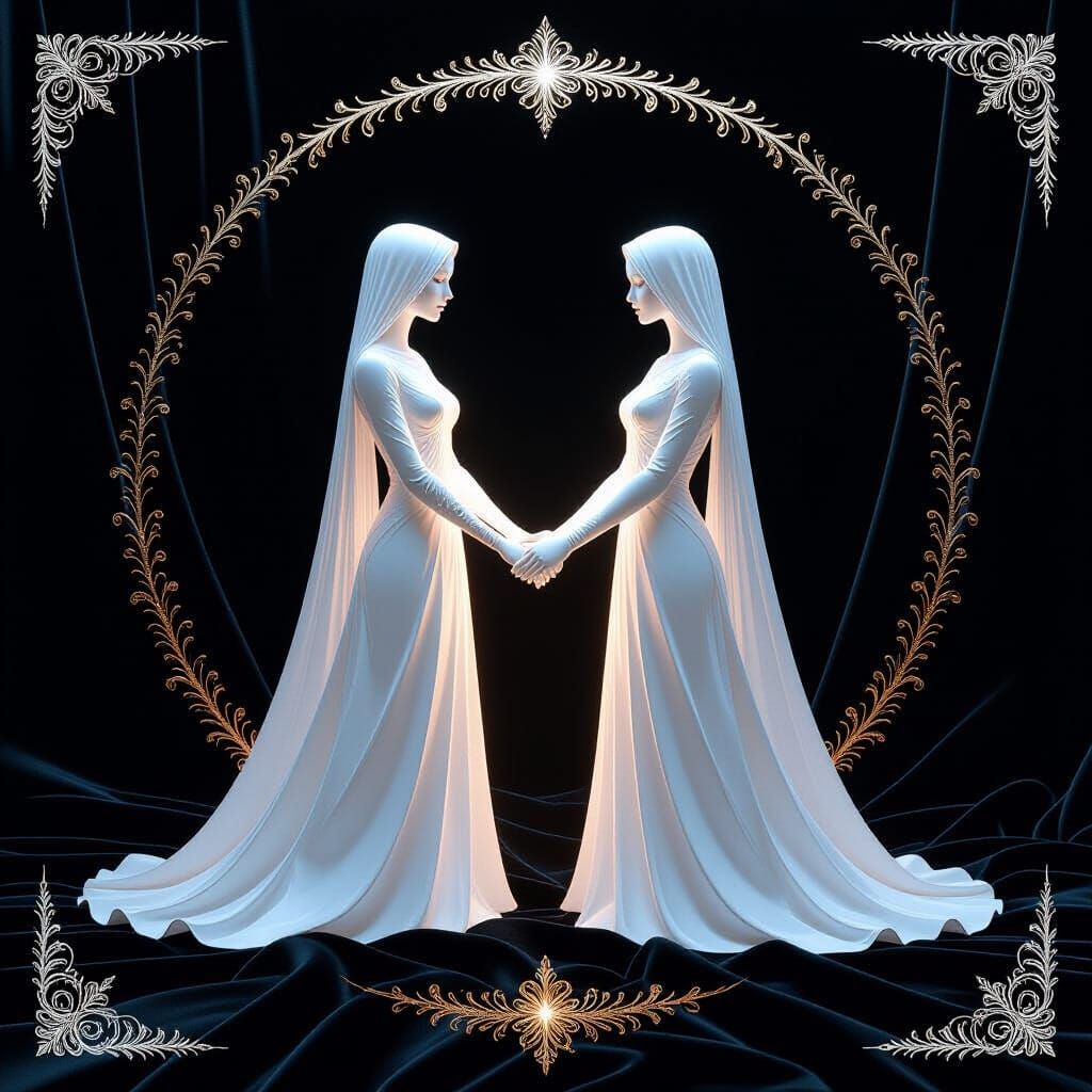 Crystallized Figures Holding Hands in Sacred Artifact Style