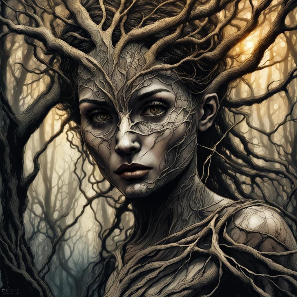 Ethereal Wood Sprite Enshrouded in Dark, Twisted Beauty