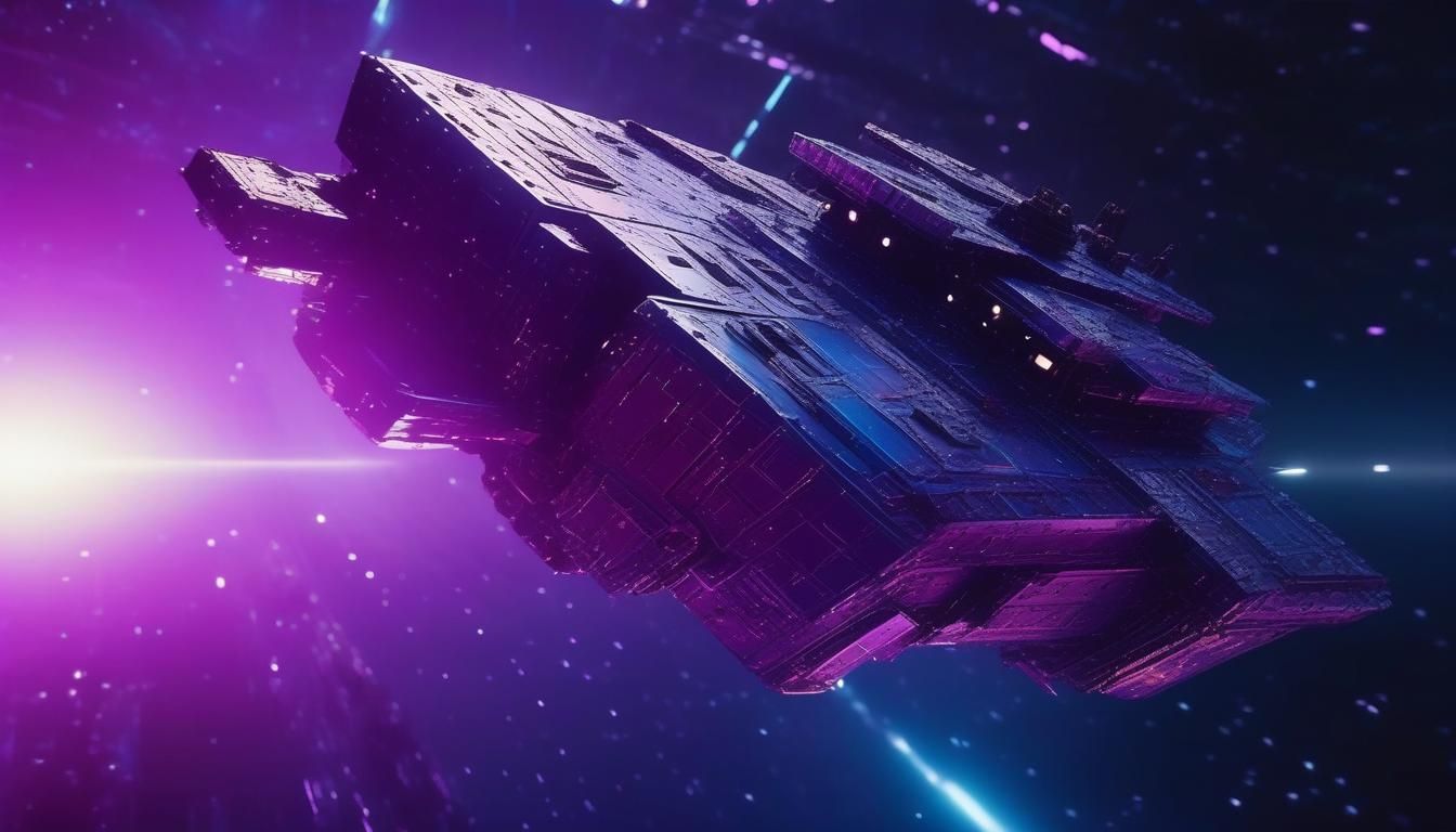 Industrial Sci-Fi Space Frigate in Deep Blues and Purples