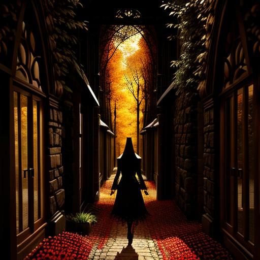 Ghost Girl in Enchanted Forest with Red Tulips