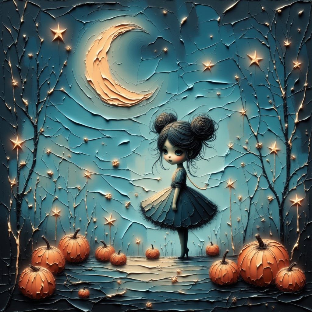Moon Child in Glowing Pumpkin Patch Under Twilight
