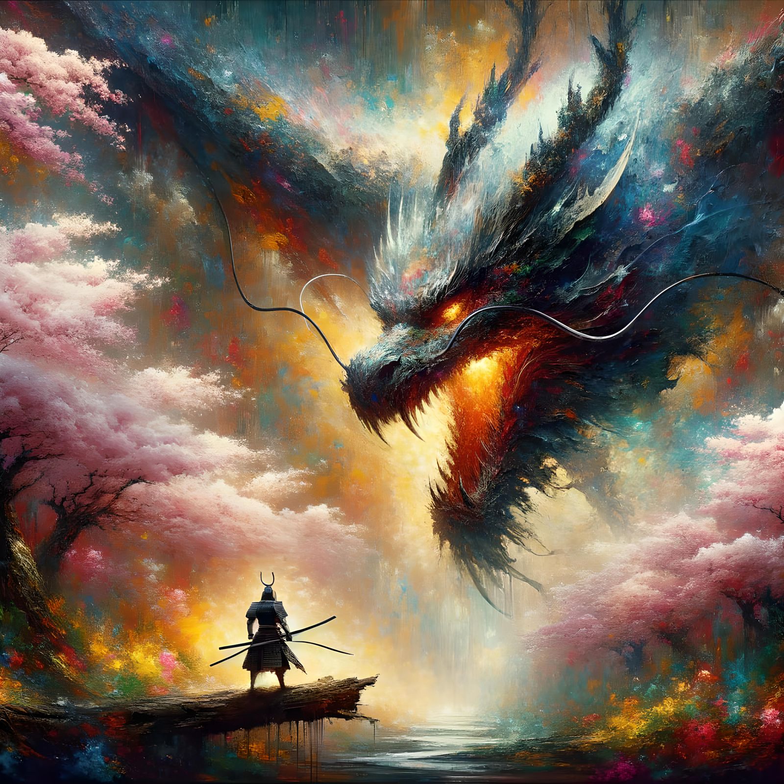 Japanese Dragon Soaring Above Samurai in Cherry Forest