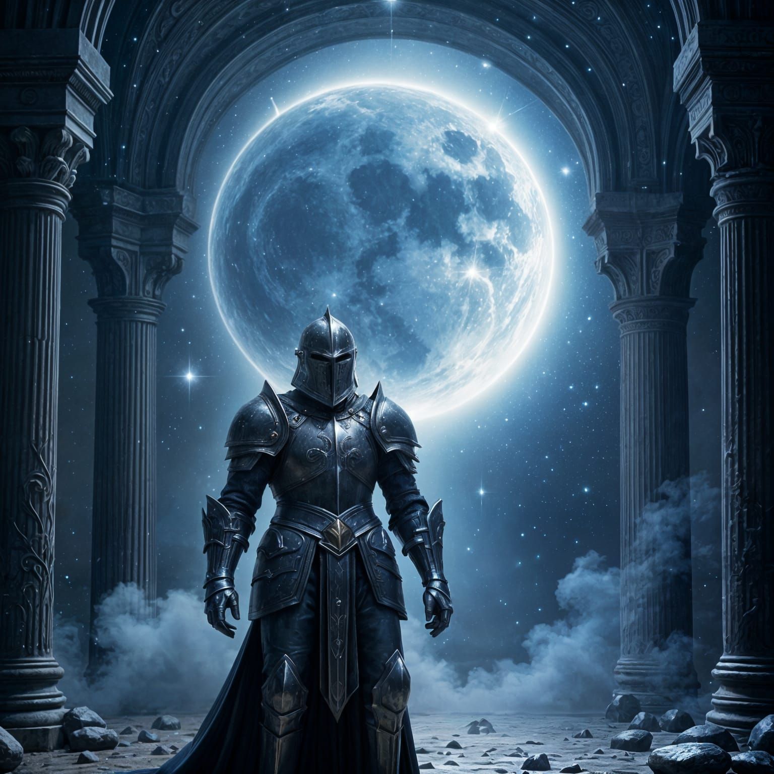 Knight in Moon-Silvered Armor Guards Starlight Portal