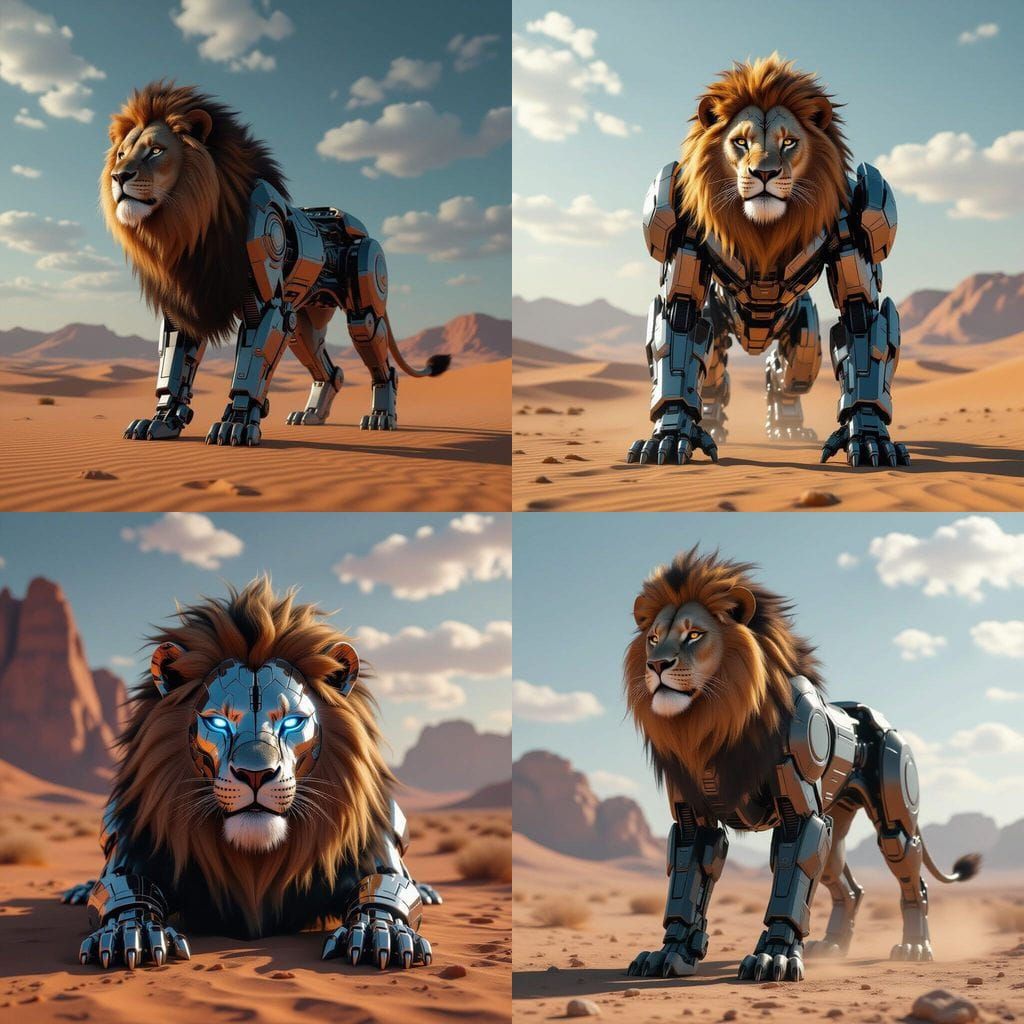 Half Robot Lion in Desert Landscape