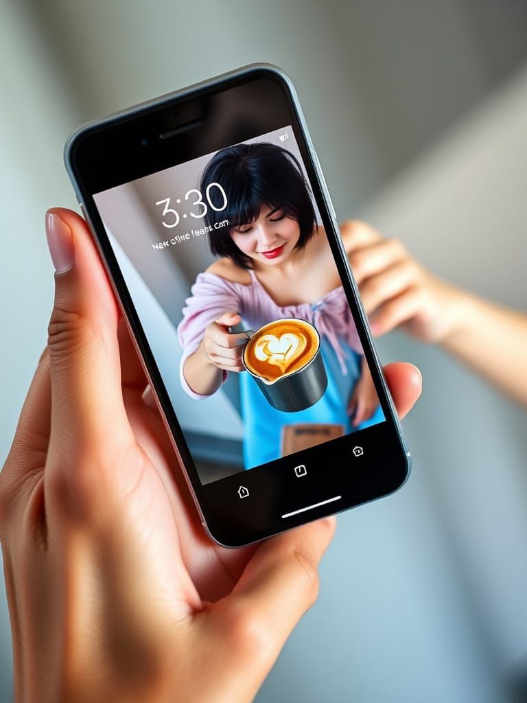 Woman With Coffee Cup Displayed on Smartphone