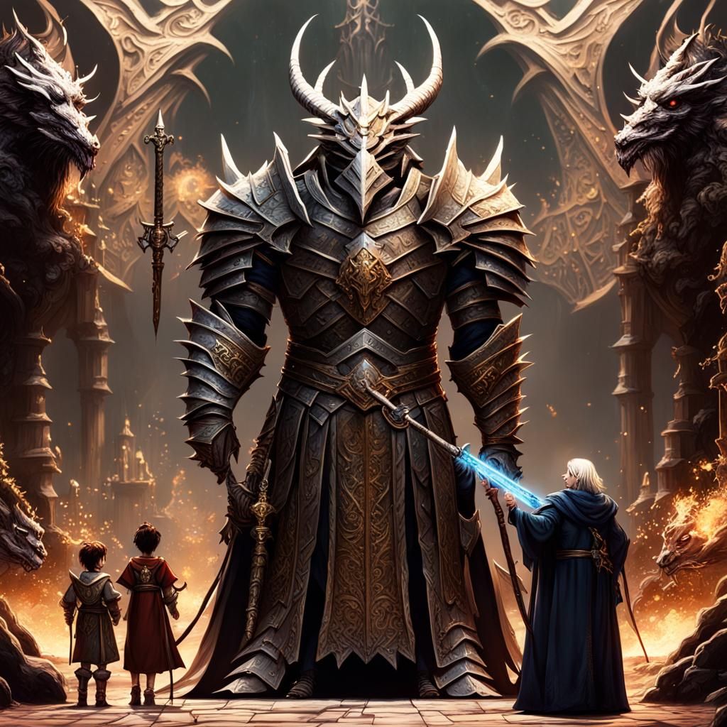 Fantasy Family Facing a Dragon, Detailed Matte Painting