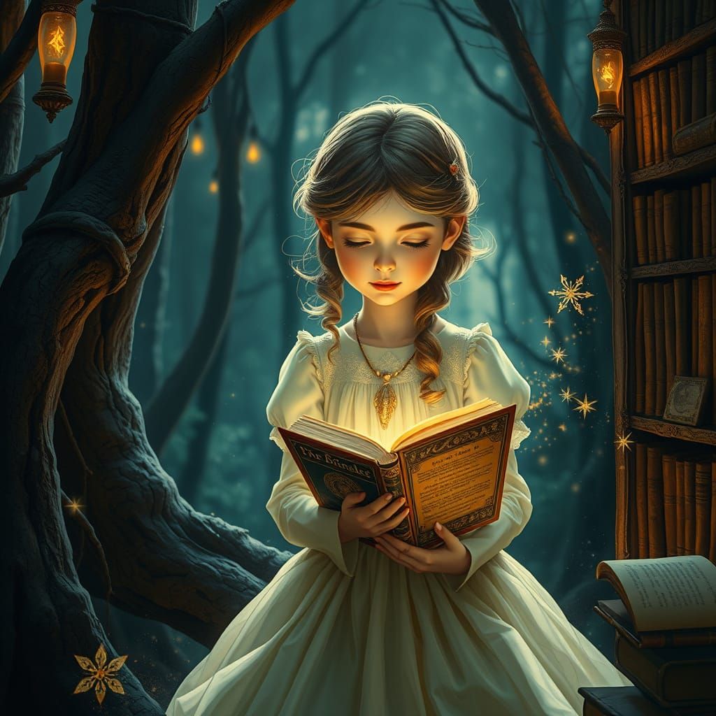 Girl Finds Ancient Glowing Book in Forest Library