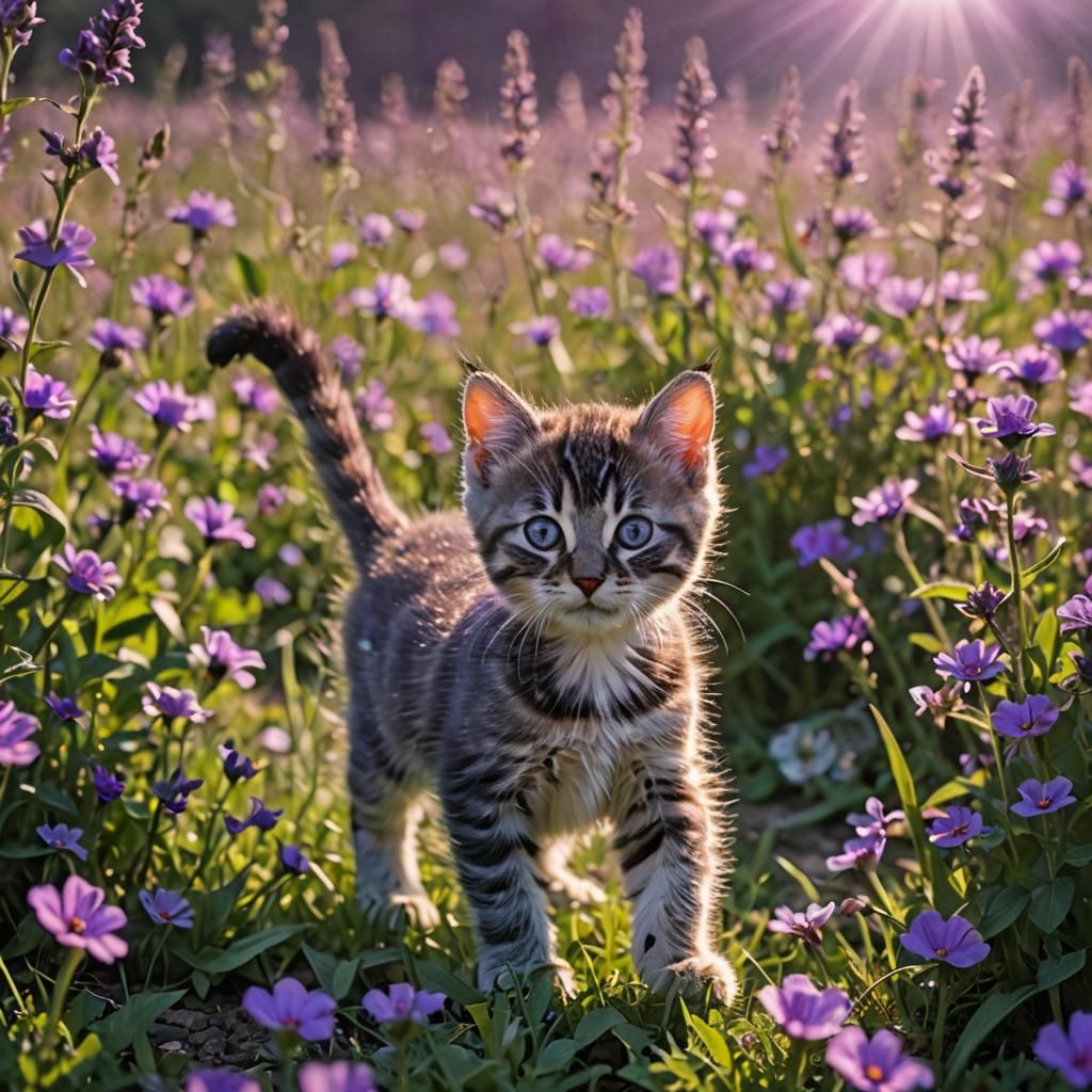 Bioluminescent Kitten in Purple Flower Field