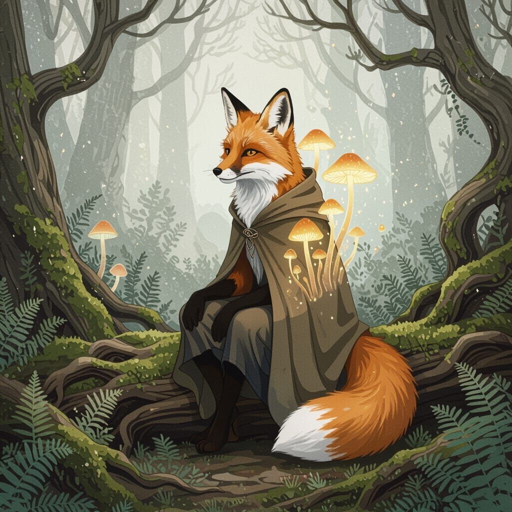 Melancholic Fox in Misty Forest with Ethereal Glow