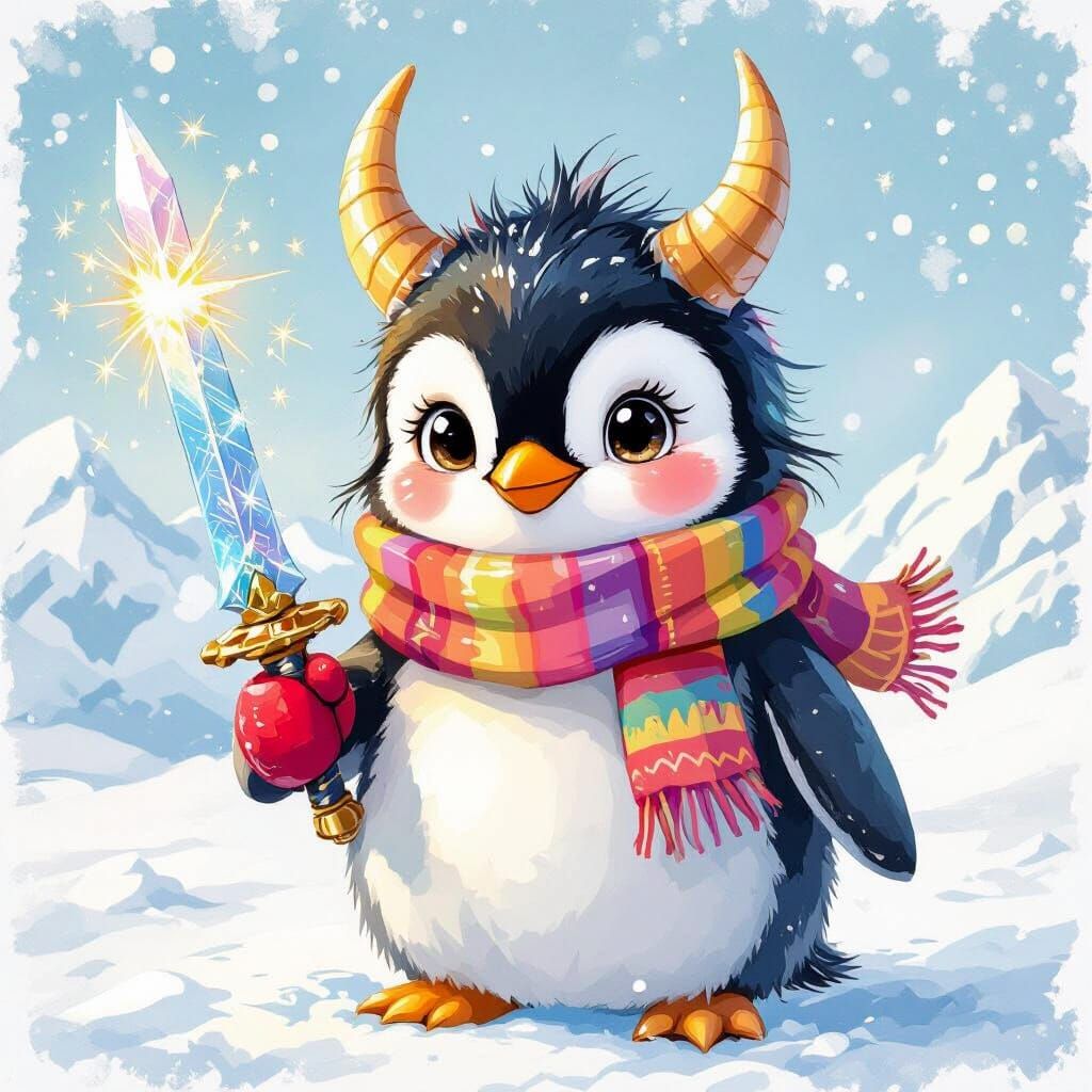 Horned Penguin Girl with Ice Sword, Watercolor Style