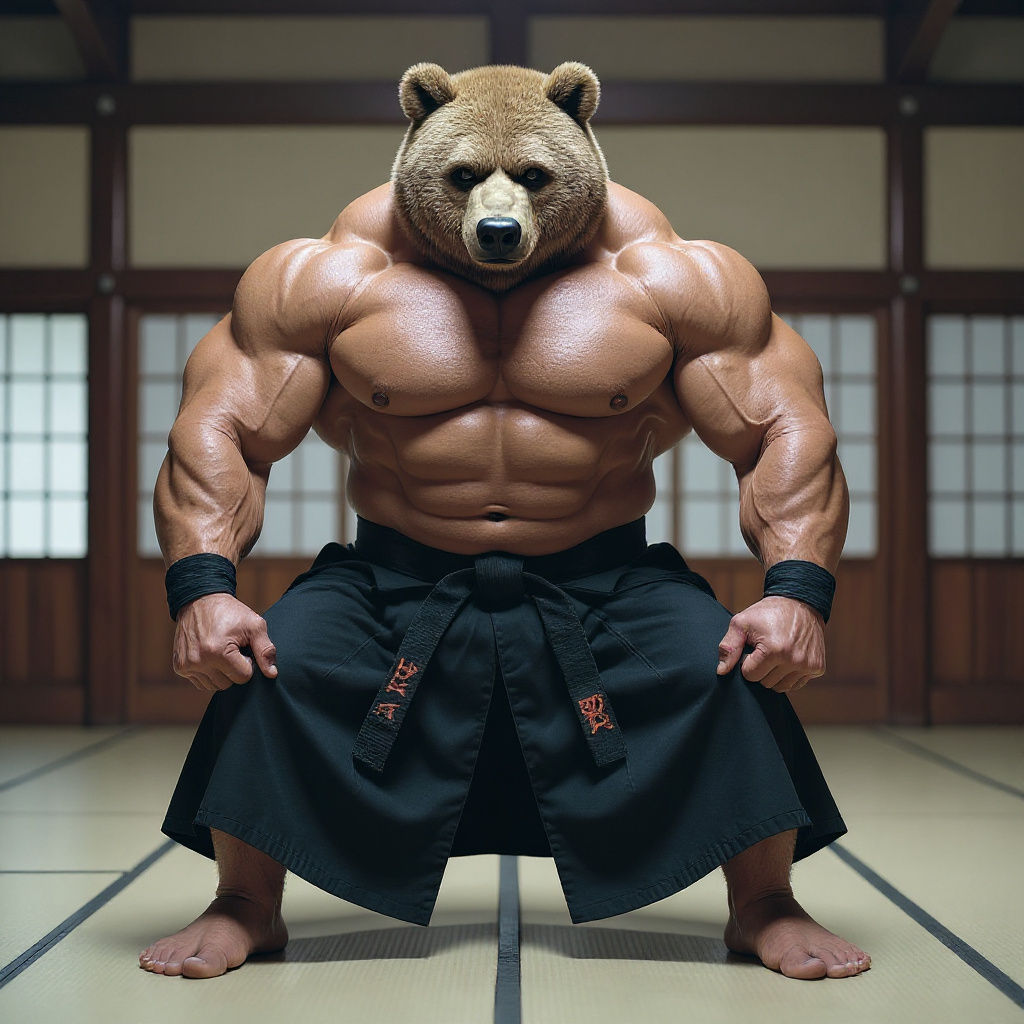 Muscular Aikido Bear Bodybuilder in Cinematic Style