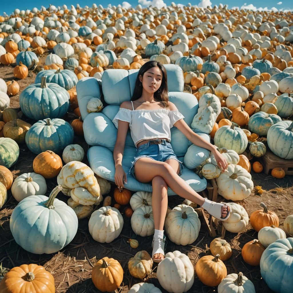 Dreamlike Girl Surrounded by Gourds, Surreal Digital Art