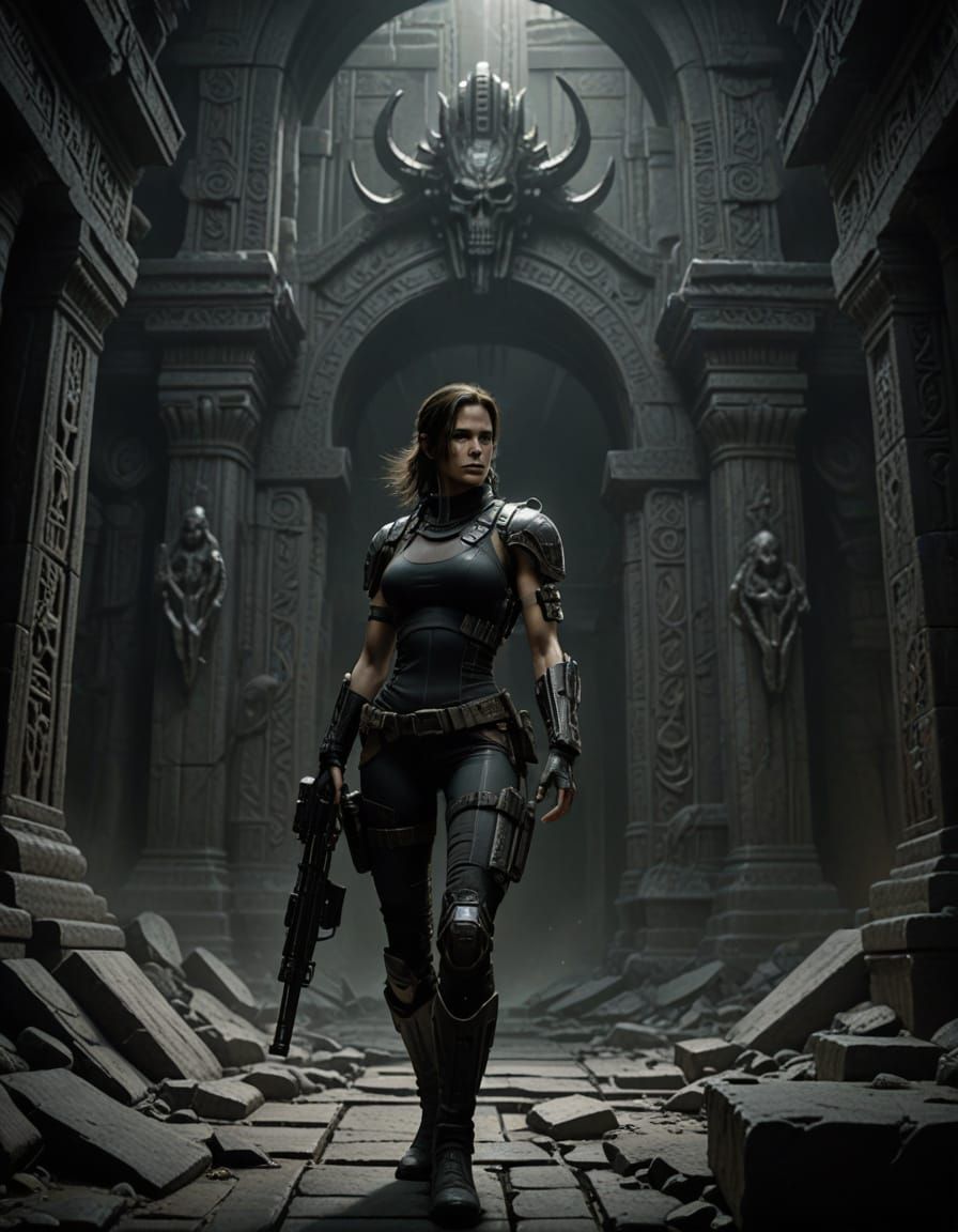 Lara Croft in Giger-Inspired Dark Fantasy Temple
