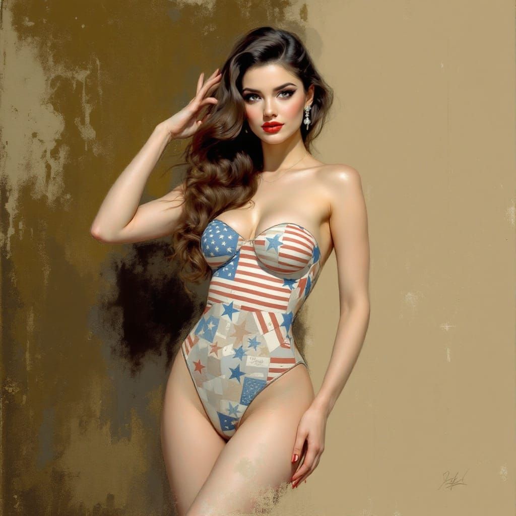Woman in Pinup Pose as Pastel Drawing