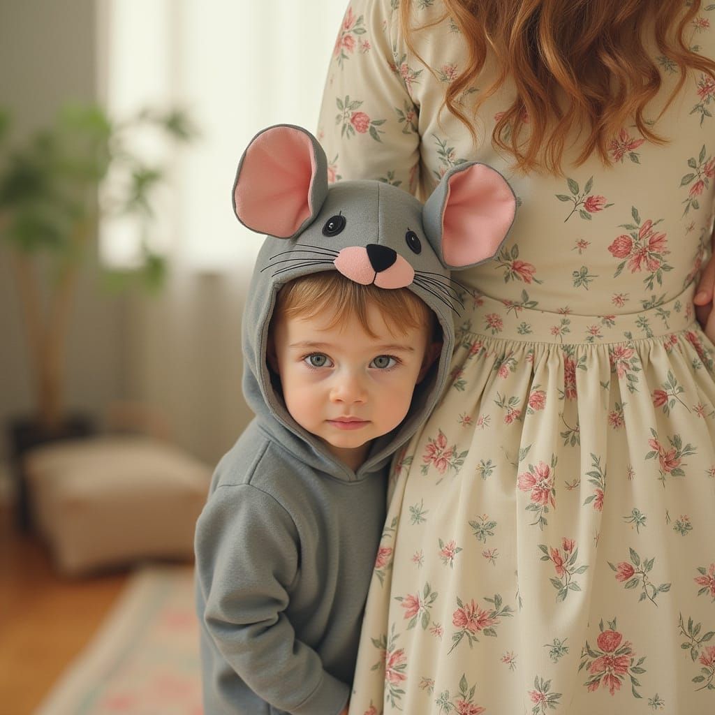 Adorable Mouse Toddler Hiding, Whimsical Illustration